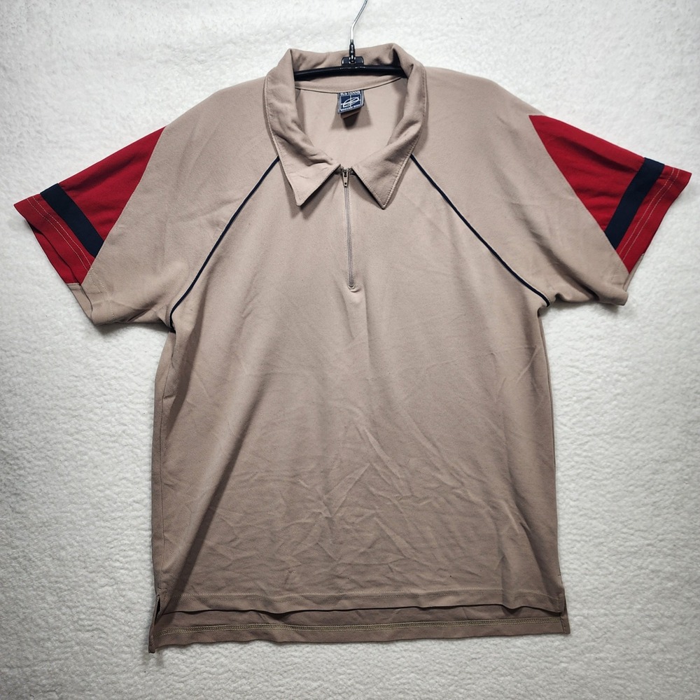 BCG Tennis Mens Large Tan Red Quarter Zip Short Sleeve Polo Shirt 100% Polyester